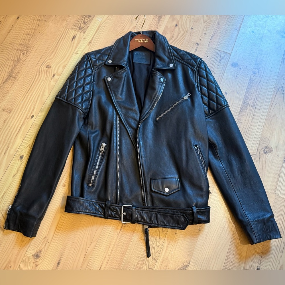 NWOT All Saints Black Leather Moto Jacket with Quilted Shoulders